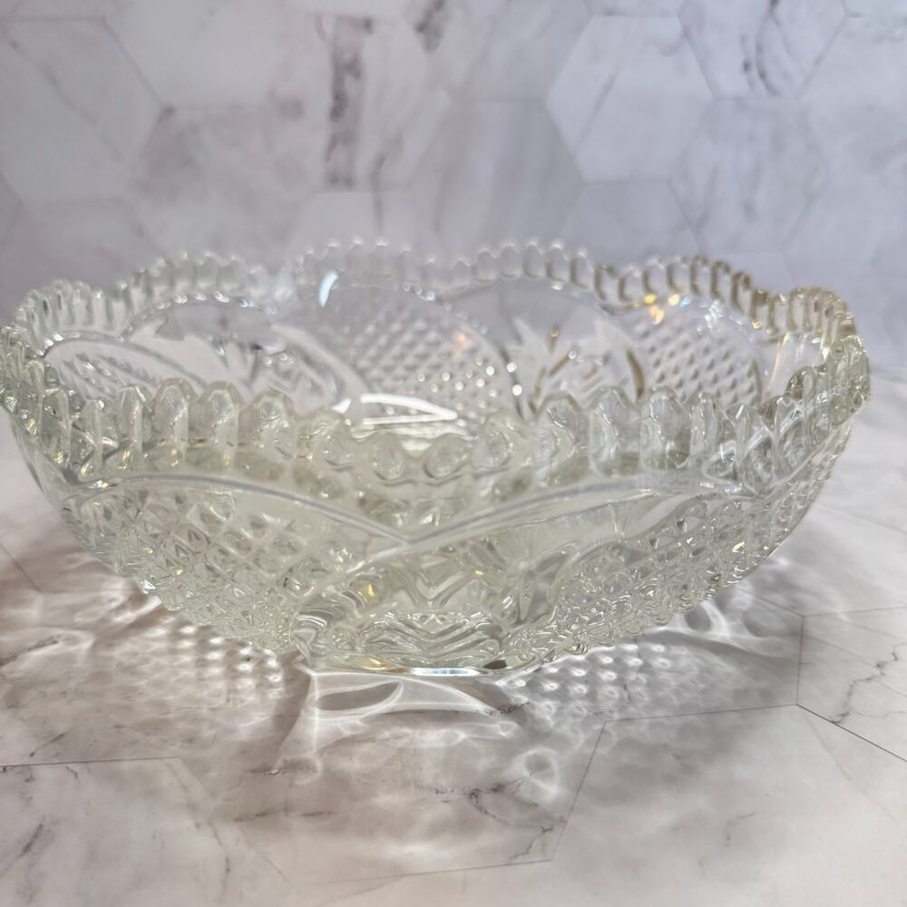 Vintage Brilliant 8” Cut Glass Crystal Serving Bowl Sawtooth Edge READ